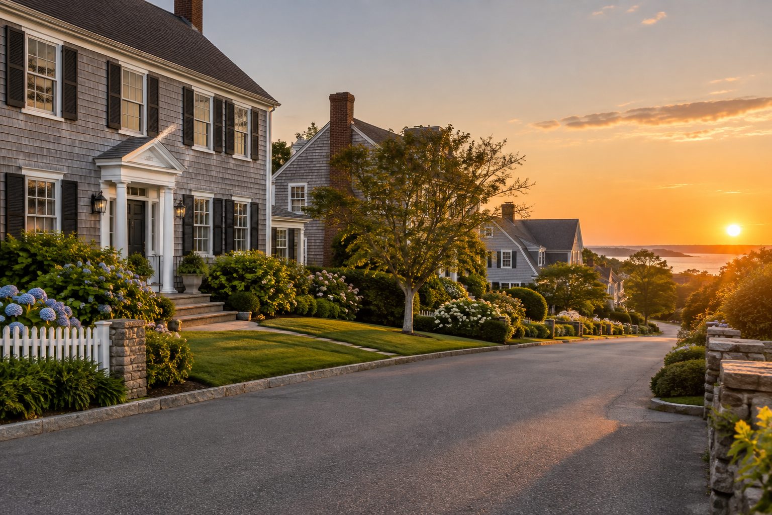 A South Shore Massachusetts neighborhood street at golden hour, illustrative