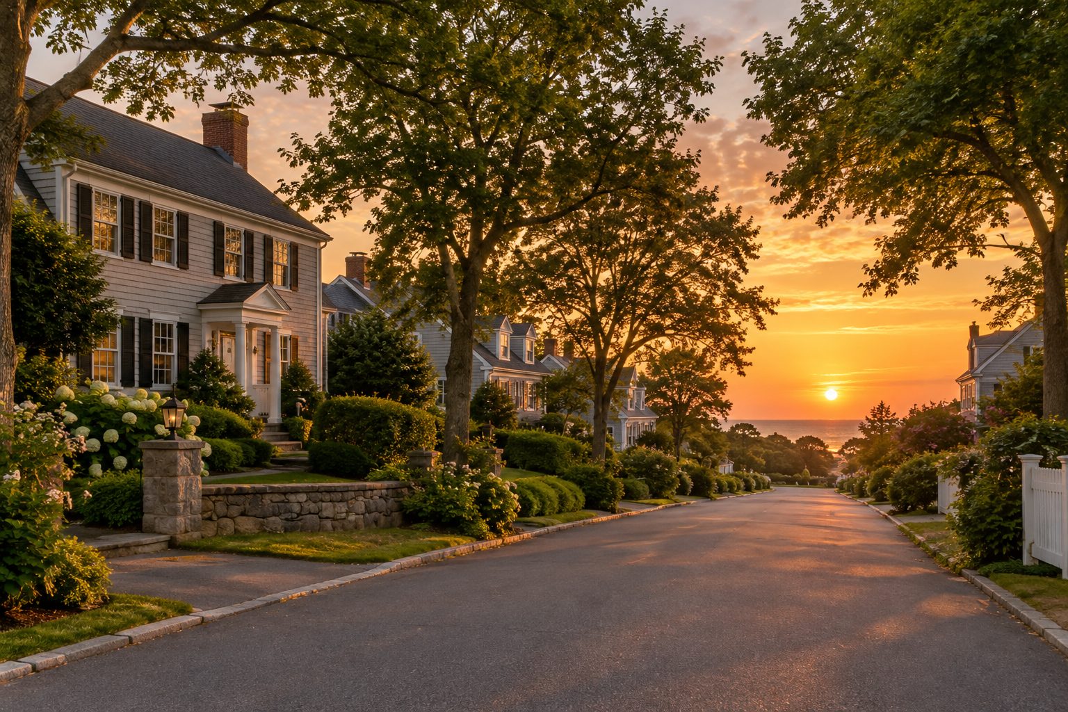 A South Shore Massachusetts street at sunset, illustrative