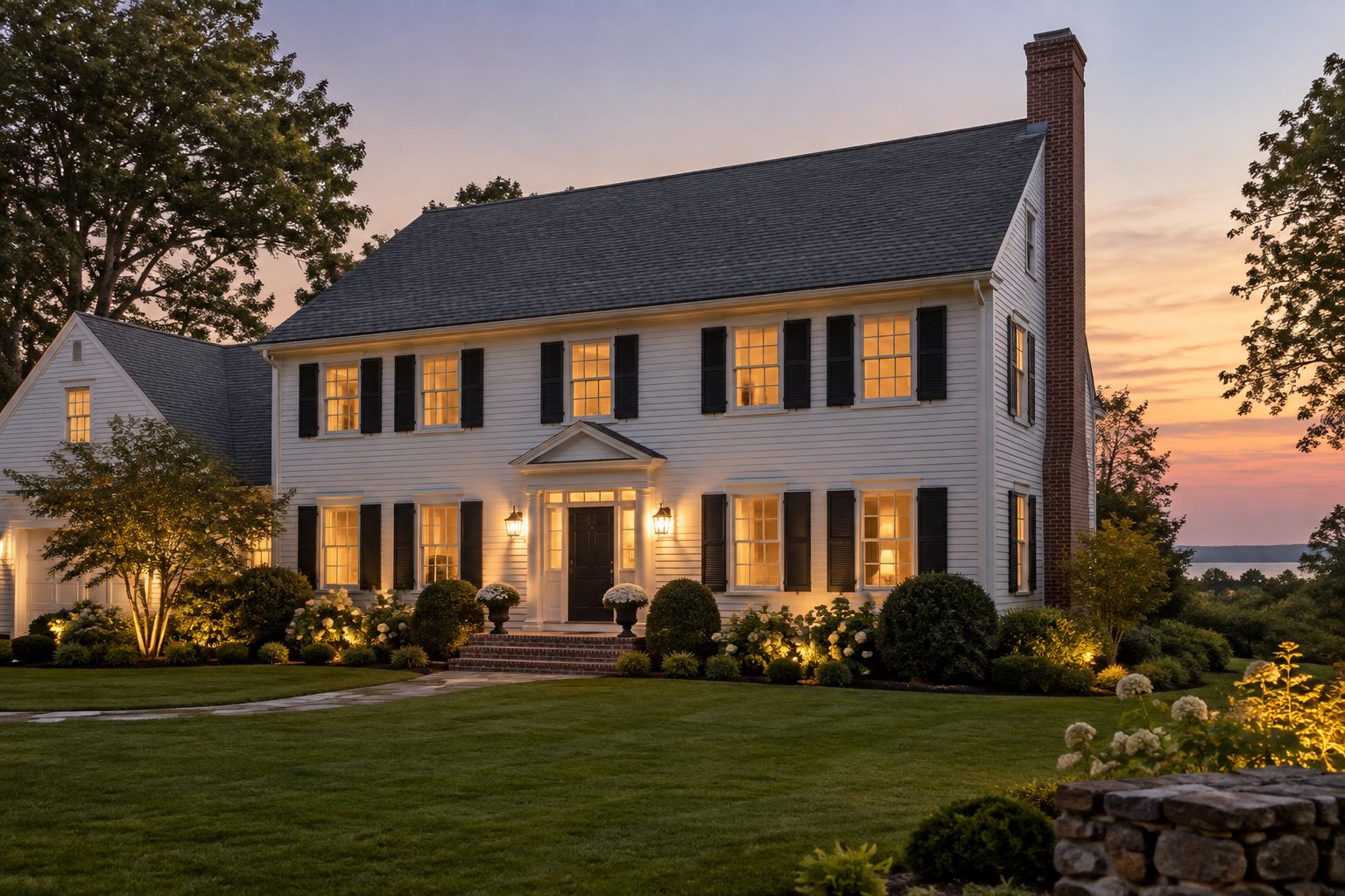 A South Shore Massachusetts home exterior at dusk, illustrative
