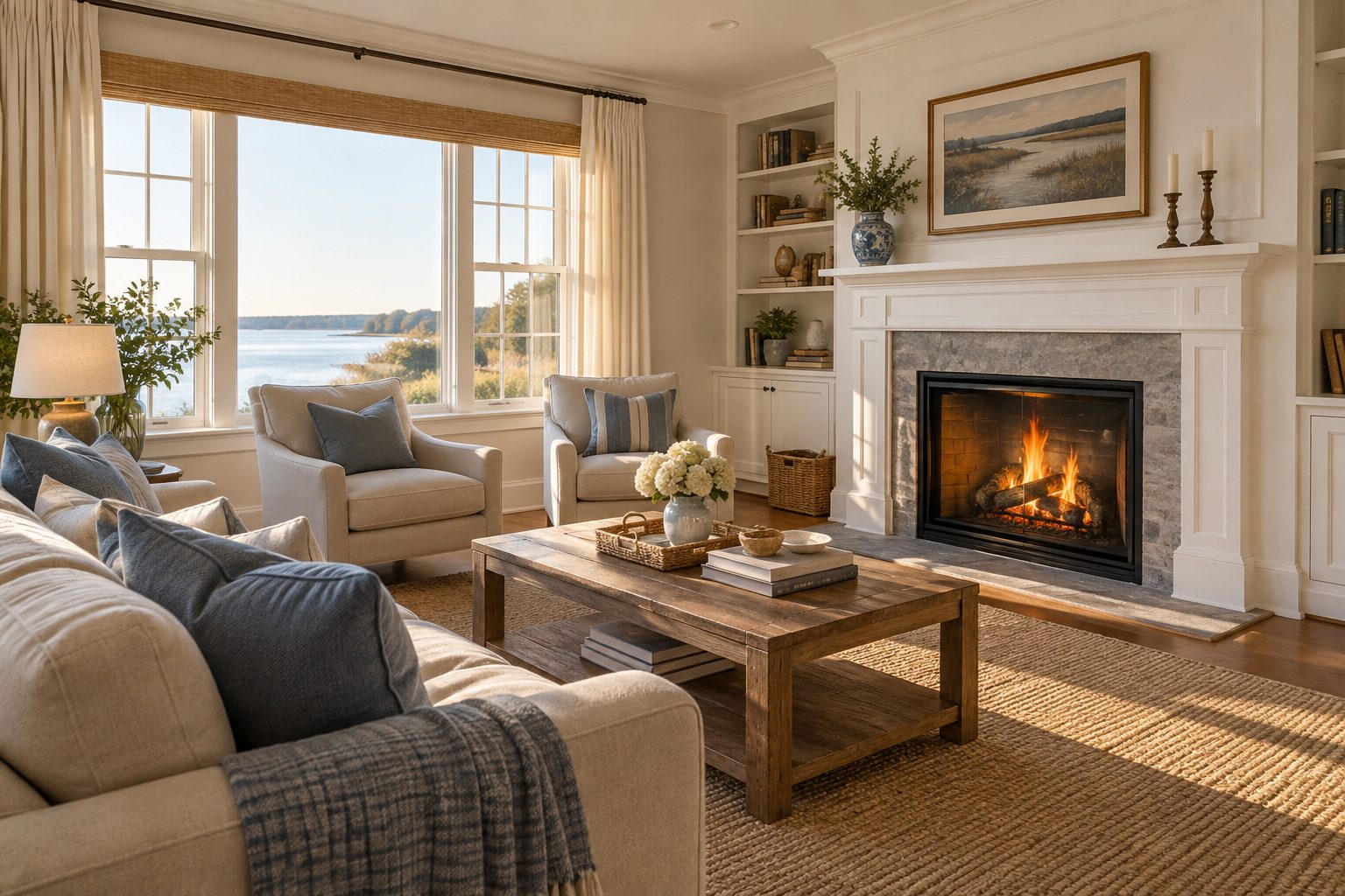A cozy Massachusetts living room, illustrative